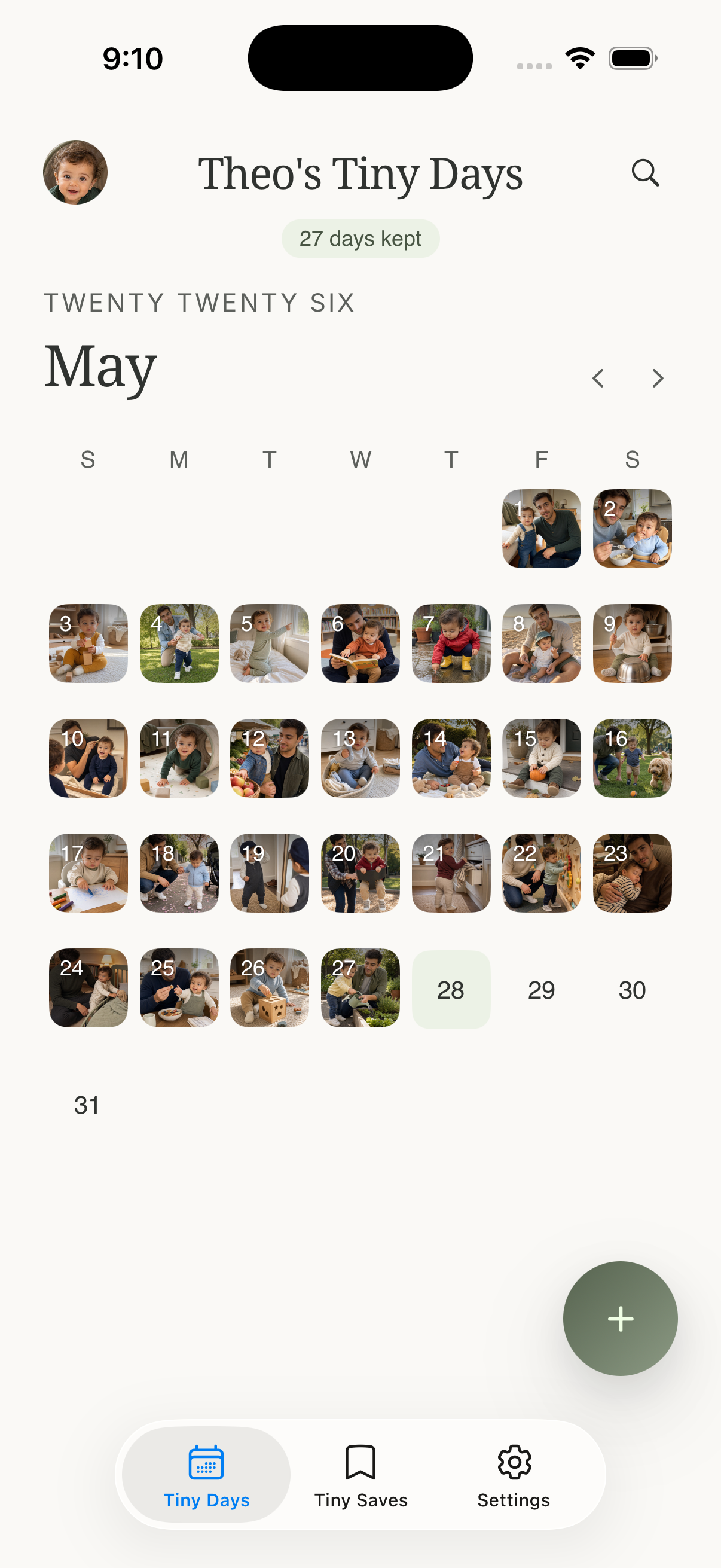 Tiny Days app calendar screen with daily photo memories