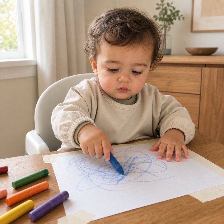 Toddler drawing with a blue crayon